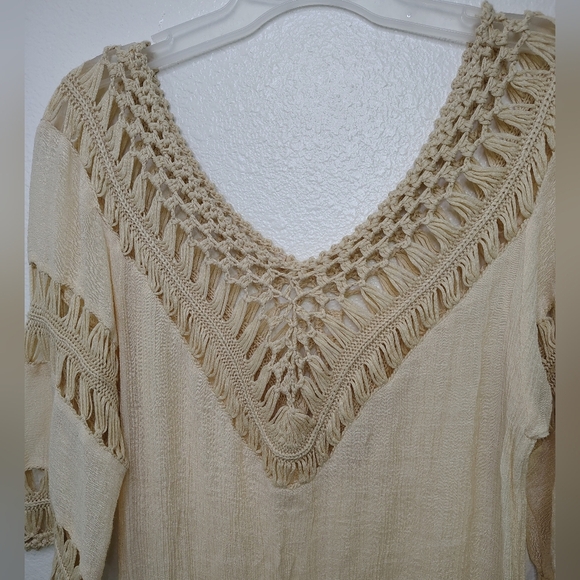 Elegant Cream Crochet Cover Up Midi Dress Sz S-M Cotton Blend - Picture 2 of 11